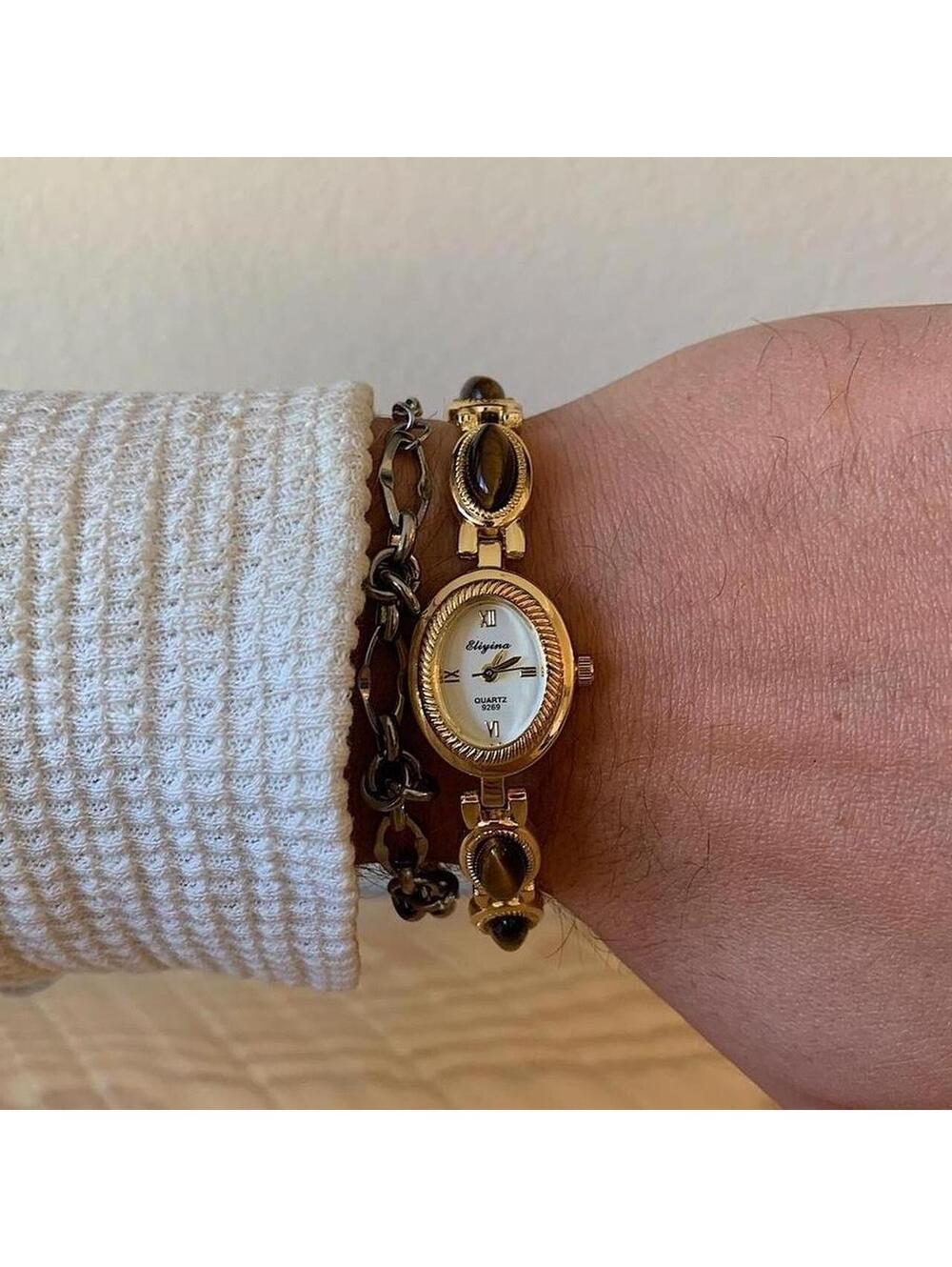 Y2k style Dainty cute Gold style tone quartz watch with brown jade stone opal - Picture 3 of 8